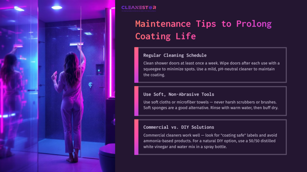 A Person Standing In A Modern Bathroom With Pink Lighting, Reading Maintenance Tips For Shower Door Coating On A Digital Screen.