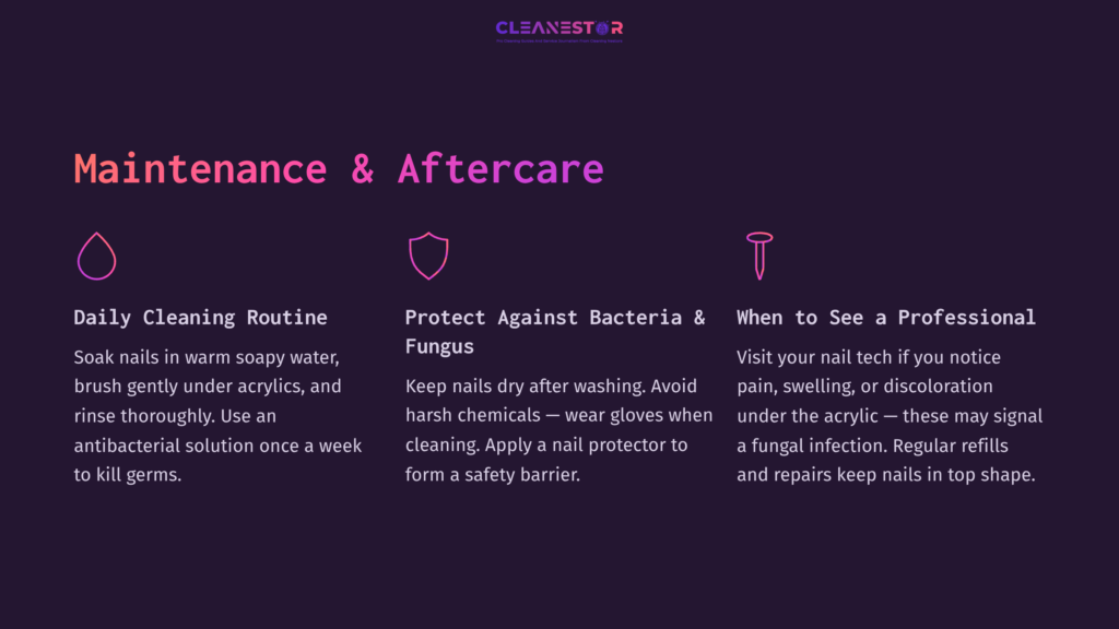 5 Maintenance And Aftercare Text On A Dark Purple Background Outlines Maintenance And Aftercare Tips For Acrylic Nails, Highlighting Cleaning Routines And Fungus Prevention.