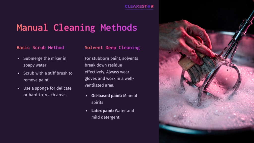 5 Manual Cleaning Methods Hand Holding A Paint Mixer Submerged In Soapy Water, With A Text Panel Detailing Cleaning Methods And Safety Precautions.