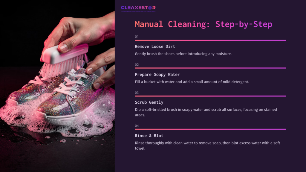 A Hand Using A Brush To Clean Sparkly Sneakers With Soapy Water, Alongside Step-By-Step Cleaning Instructions On A Dark Background.