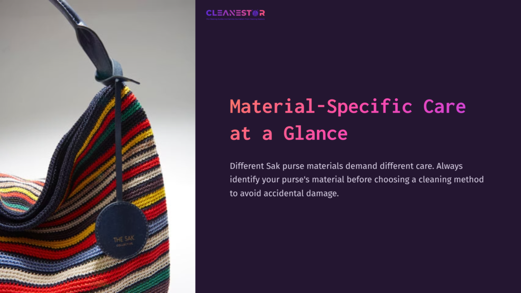 Striped Sak Purse On A Solid Background, Highlighting Its Colorful Woven Texture. Text Discusses Material-Specific Cleaning Care.
