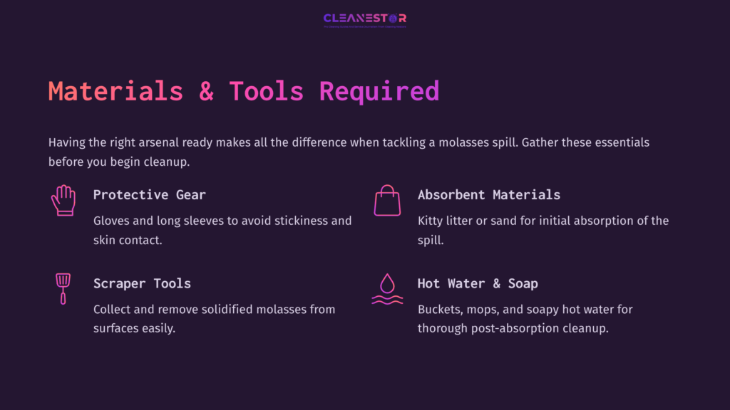 List Of Materials And Tools Required For Cleaning Up Molasses, Featuring Headings In Pink Text On A Dark Purple Background.