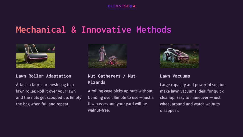 A Dark Purple Background Features Three Clean-Up Tools: A Lawn Roller, Nut Gatherer, And Lawn Vacuum, Each With A Brief Description.