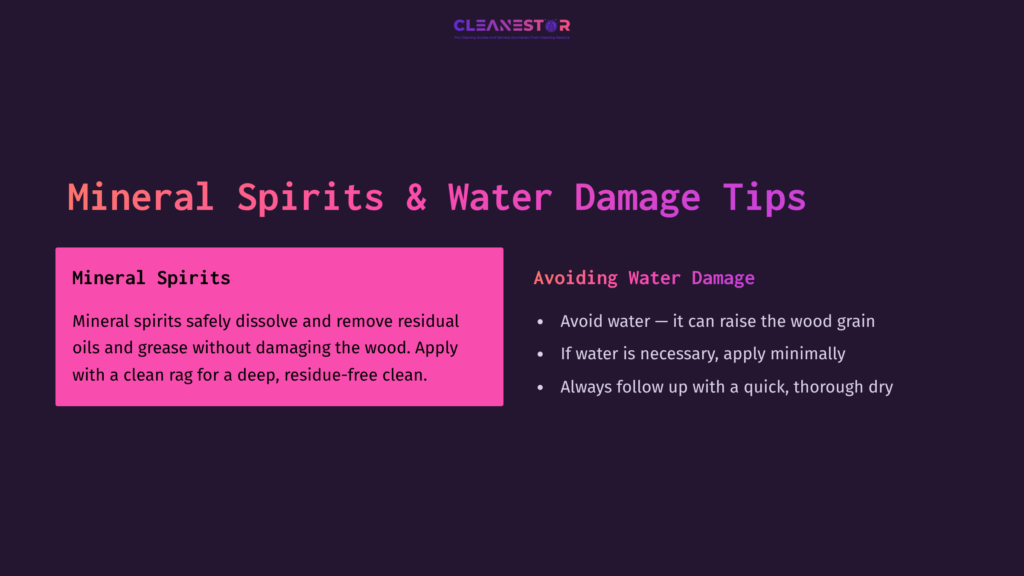 Text On A Dark Background Featuring Pink And White Sections Discussing Mineral Spirits For Cleaning Wood And Tips To Avoid Water Damage.