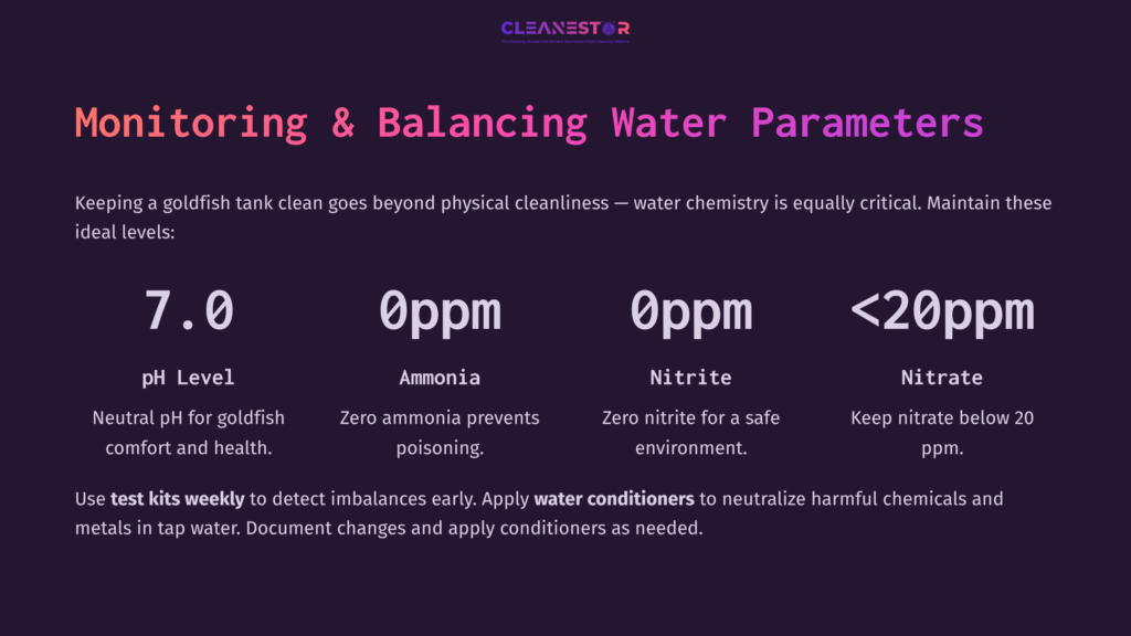 Graphic Displaying Water Parameter Guidelines For Goldfish Tanks, Featuring Ph, Ammonia, Nitrite, And Nitrate Levels With A Dark Background.