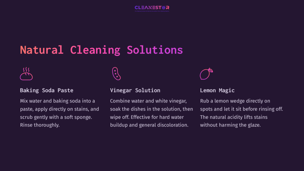 Text On A Dark Purple Background Outlines Natural Cleaning Solutions For White Pfaltzgraff Dishes: Baking Soda, Vinegar, And Lemon.