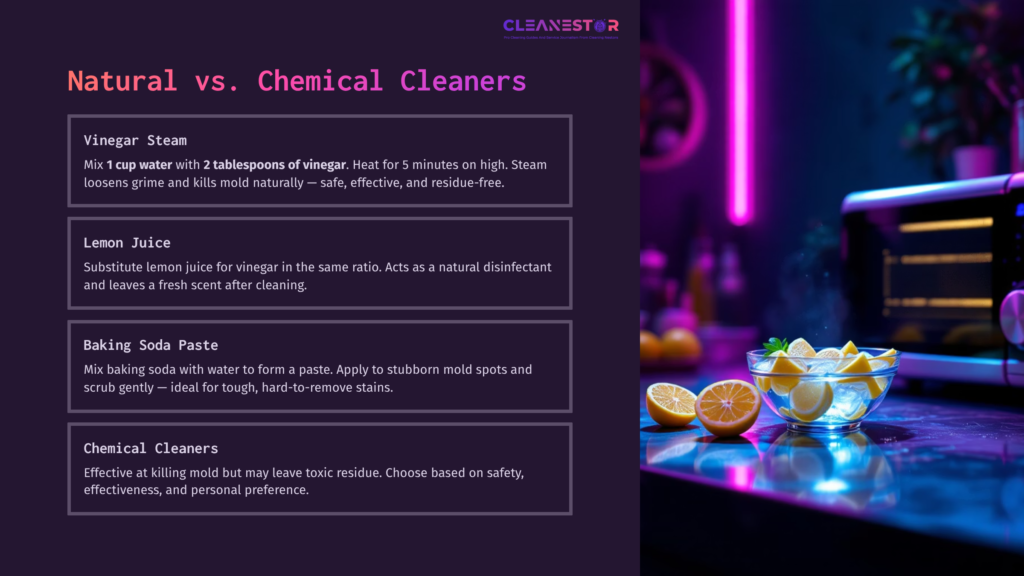 5 Natural Vs Chemical Cleaners Brightly Lit Kitchen Scene With Citrus Fruits, Including Lemons And Oranges, Alongside A Microwave. Text Compares Natural And Chemical Cleaners.