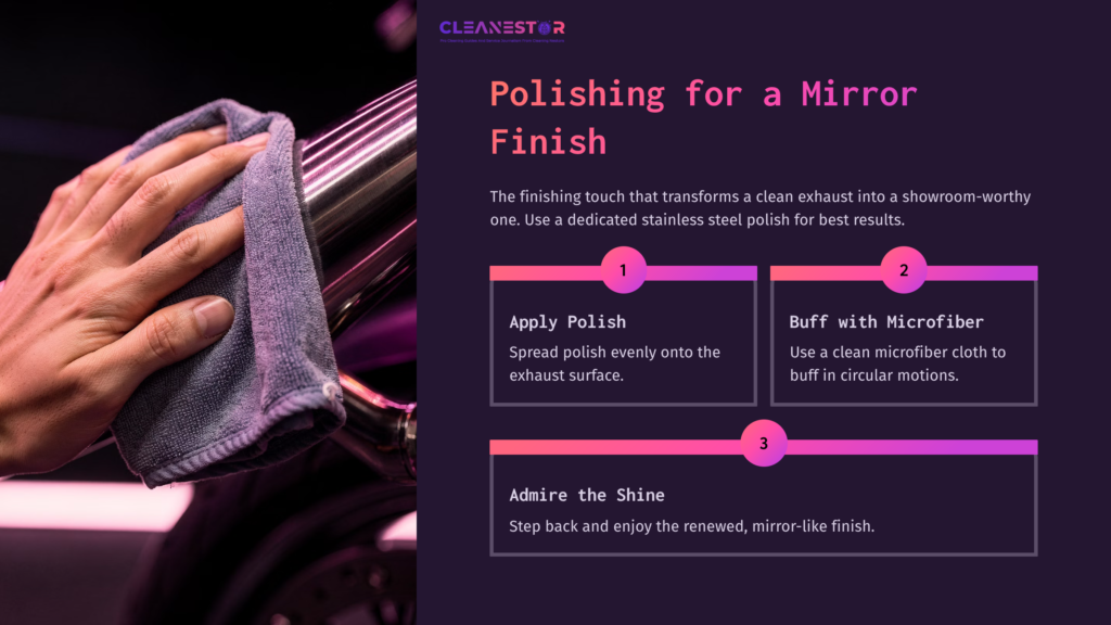 A Hand Polishing A Stainless Steel Motorcycle Exhaust With A Microfiber Cloth, Accompanied By Tips For Achieving A Mirror Finish.