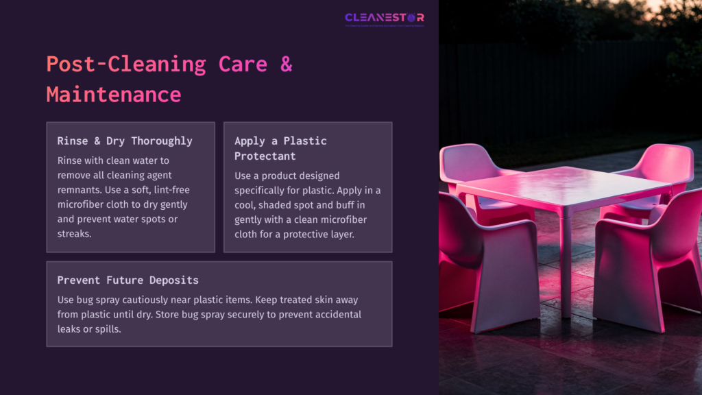 A Pink And White Table With Plastic Chairs Under Dim Lighting, Accompanied By Cleaning Tips For Bug Spray Removal From Plastic Surfaces.