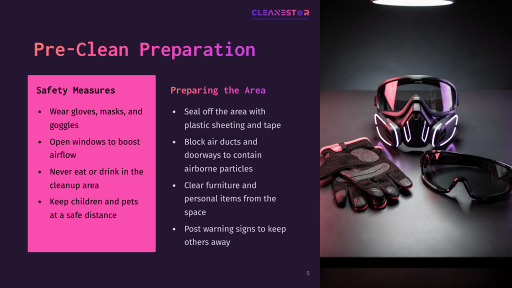 Safety Gear Including Gloves And Goggles Is Displayed On A Dark Tabletop, Alongside A Purple Section Outlining Pre-Clean Preparation Steps.
