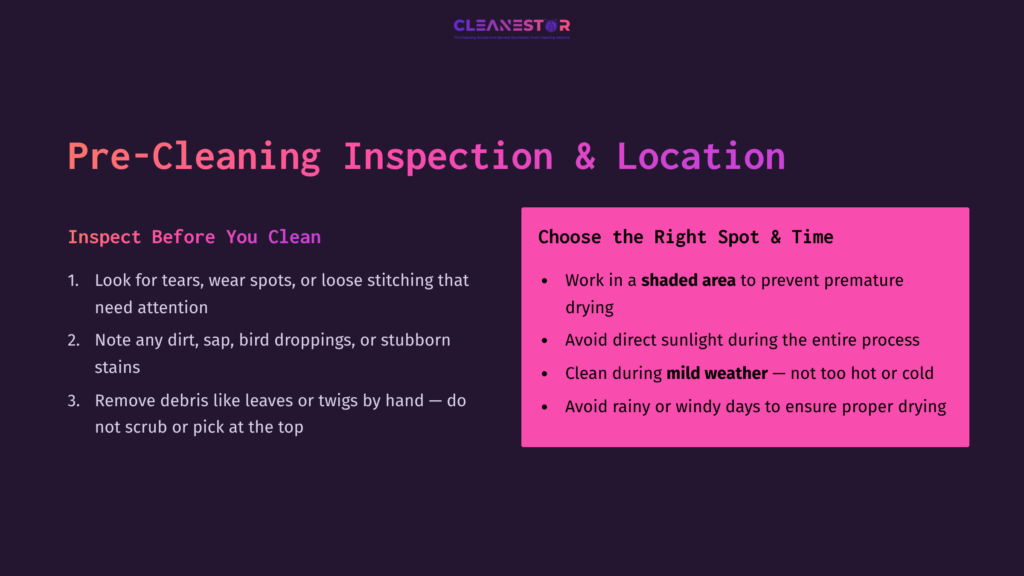 5 Pre Cleaning Inspection And Location Text-Heavy Graphic With A Dark Background Highlighting Pre-Cleaning Inspection Tips For A Convertible Mustang, Emphasizing Shade And Weather Considerations.