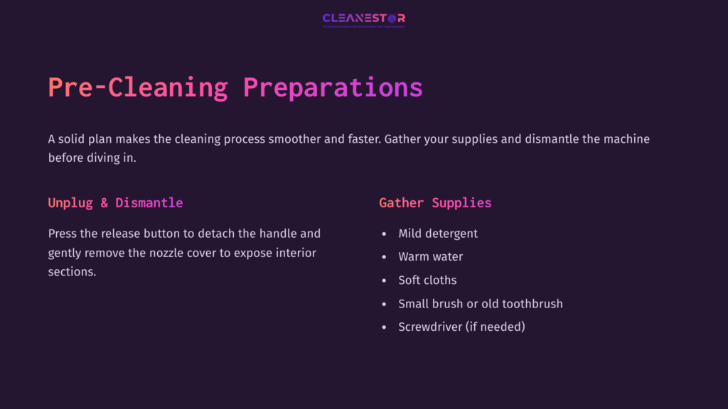 Step-By-Step Text Instructions On Pre-Cleaning Preparations, With A Purple Background, Outlining Supplies And Steps To Dismantle The Hoover.