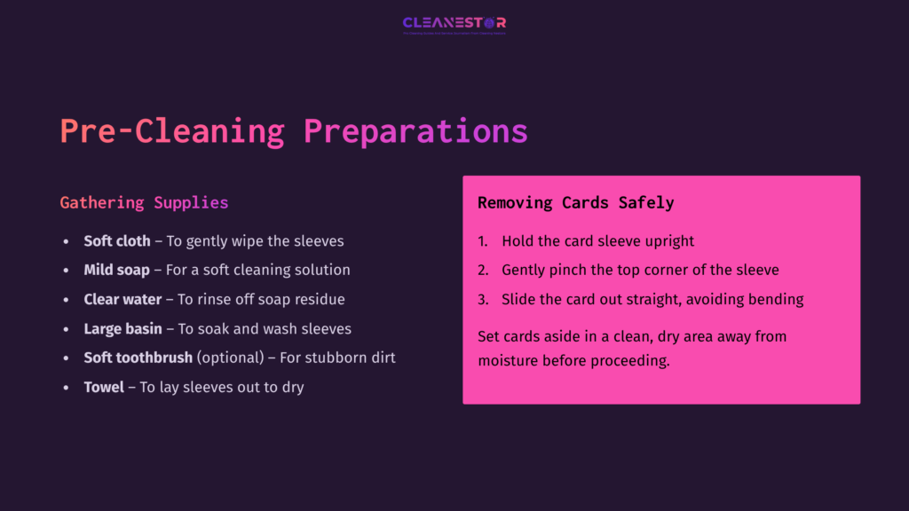 Instructions For Cleaning Dragon Shield Sleeves With A Dark Purple Background, Featuring A List Of Supplies And Methods Highlighted In Pink.