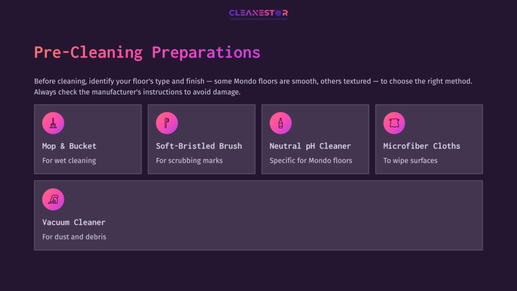 List Of Cleaning Preparations For Mondo Flooring, Featuring Icons For A Mop, Brush, Cleaner, Microfiber Cloth, And Vacuum Cleaner On A Dark Purple Background.