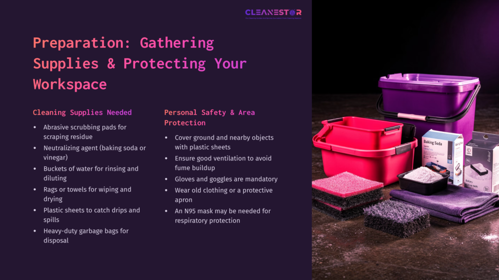 Colorful Containers And Sponges Are Arranged On A Dark Surface, Alongside A List Of Supplies And Safety Tips For Cleaning Paint Stripper.