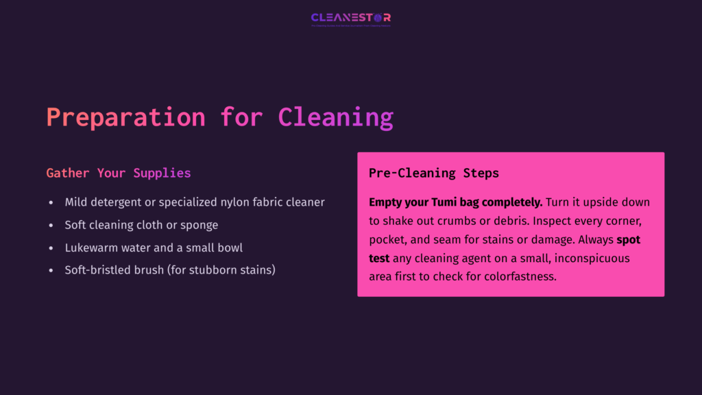 Text On A Purple Background Outlining Cleaning Preparation Steps For A Nylon Bag, Including Supplies And Pre-Cleaning Instructions.