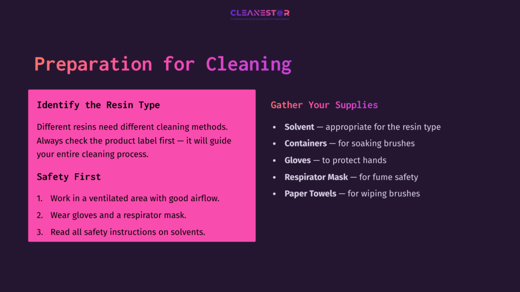 5 Preparation For Cleaning Text On A Dark Background Outlines Safety Tips And Cleaning Supplies For Preparing To Clean Epoxy Resin From Brushes, Highlighted In Pink.
