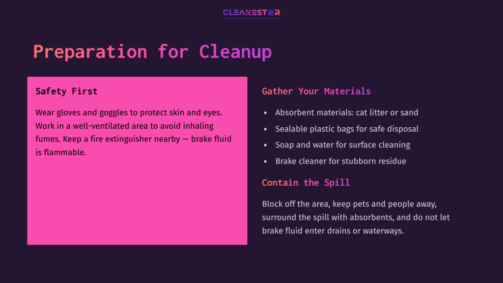 5 Preparation For Cleanup Pink Box With &Quot;Preparation For Cleanup&Quot; Title And Safety Instructions; Text Emphasizes Gloves, Goggles, And Materials For Cleaning Brake Fluid.