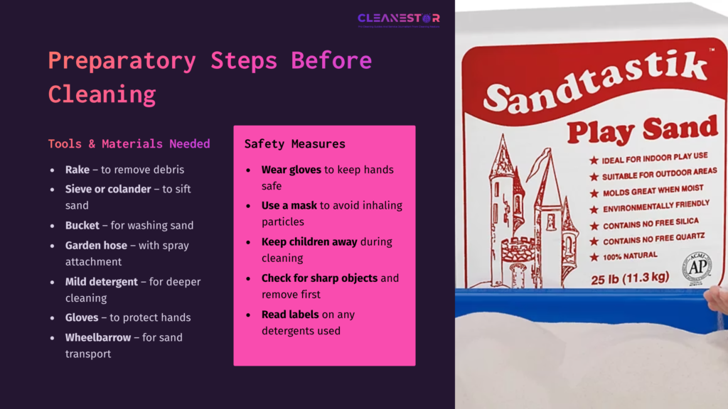 Purple Layout With Safety And Preparation Tips For Cleaning Play Sand. Includes A Red Bag Labeled &Quot;Sandtastik&Quot; Featuring A Castle Illustration.