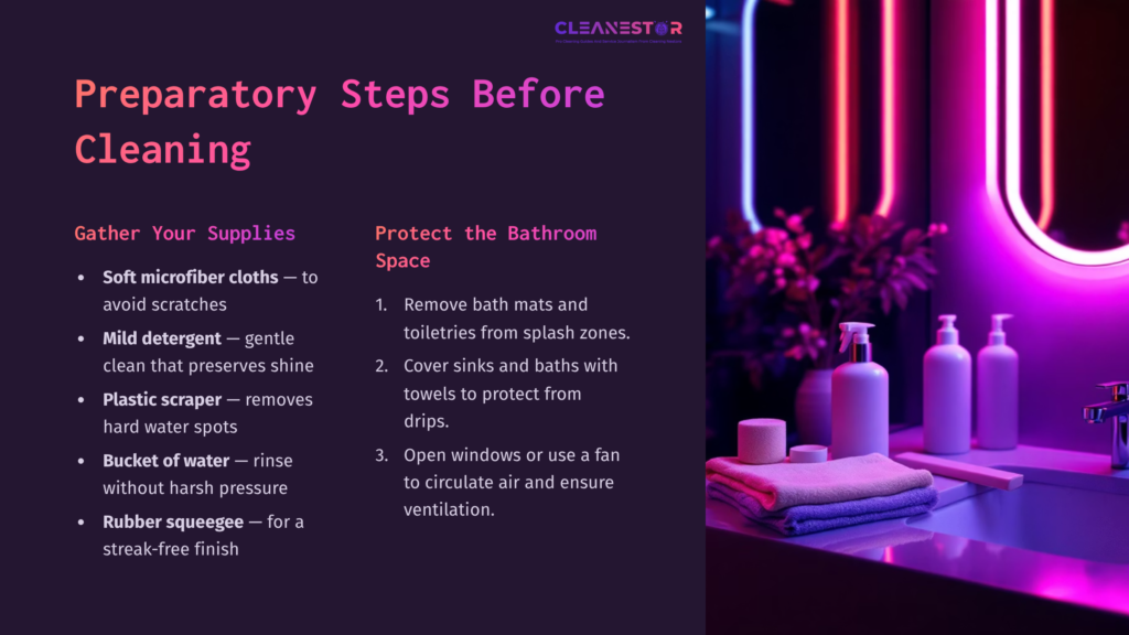 Purple-Hued Bathroom Scene Featuring Cleaning Supplies: Soft Microfiber Cloths, Mild Detergent, A Bucket, And A Rubber Squeegee On A Counter.