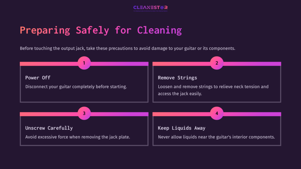 Graphic With A Dark Background Featuring Four Numbered Steps In Pink And Purple Boxes, Detailing Safe Practices For Cleaning A Guitar Output Jack.