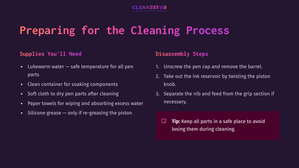 5 Preparing For The Cleaning Process Instructions On Cleaning A Twsbi Eco Fountain Pen, Including Supply List And Disassembly Steps In A Purple And Pink Color Layout.