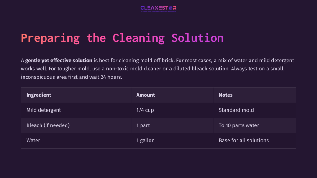 A Dark Purple Background With White Text Outlining A Recipe For A Cleaning Solution, Including Ingredients And Measurements For Mold Removal From Brick.