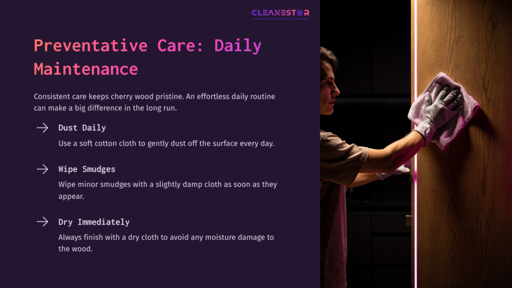 A Person Cleaning Cherry Wood Cabinets With A Cloth, Featuring A Dark Background And Highlighted Text On Maintenance Tips In Purple.