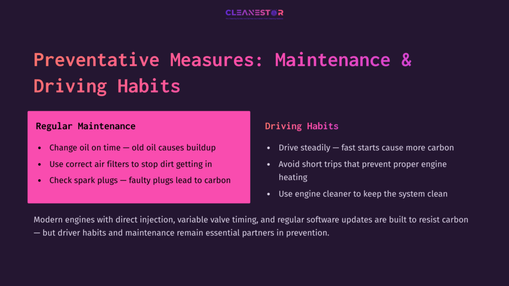 Text On A Dark Background With Pink Highlights. Sections Titled &Quot;Regular Maintenance&Quot; And &Quot;Driving Habits&Quot; Outline Tips For Reducing Carbon Buildup.