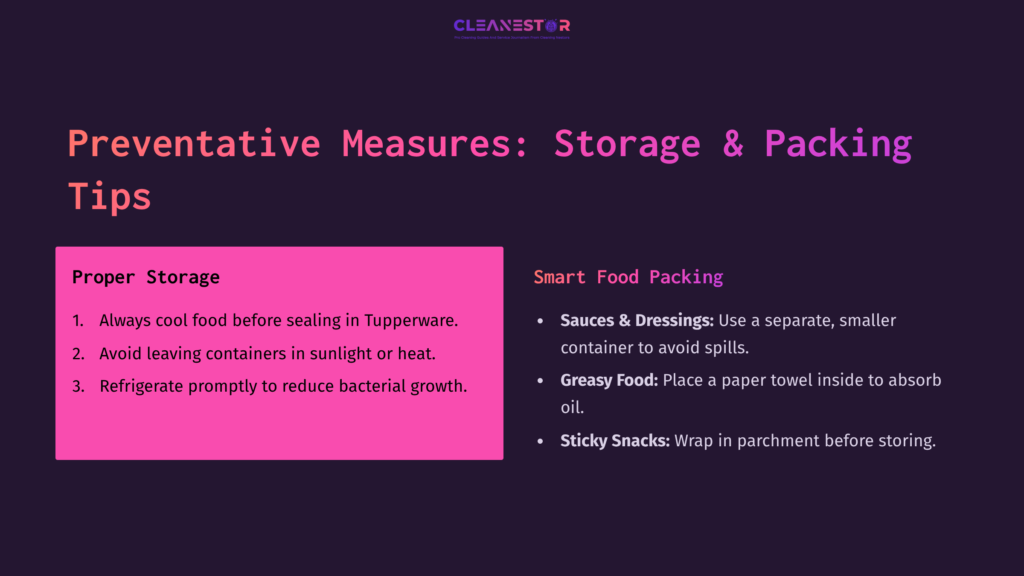 Text On A Dark Background With Pink Highlights, Detailing Storage Tips For Food In Tupperware, Including Proper Sealing And Packing Advice.
