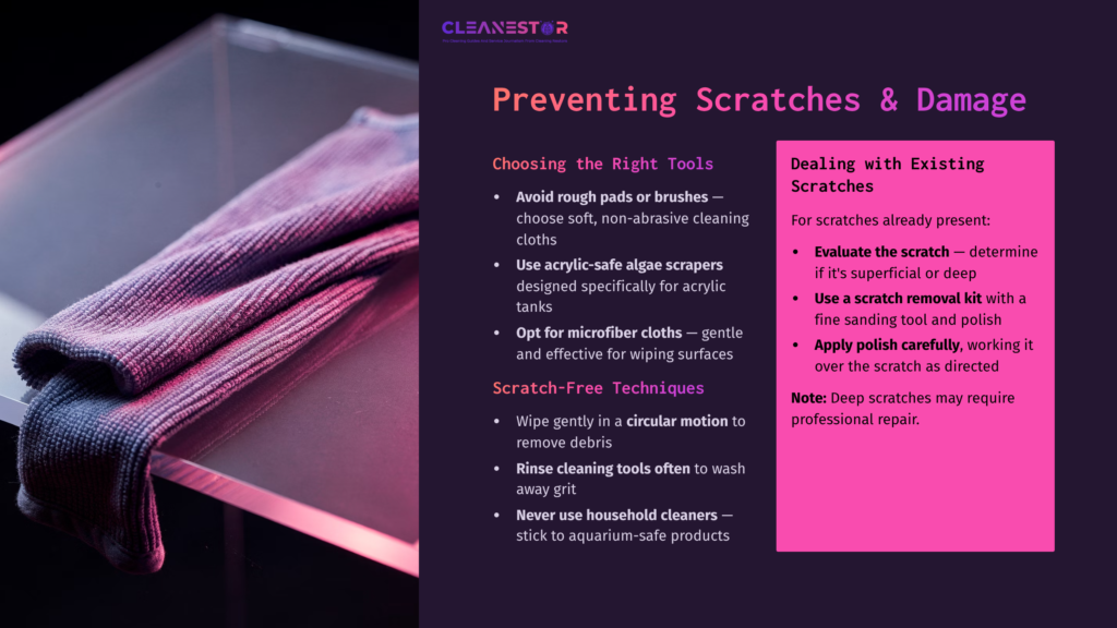 A Soft Cloth And A Scratch-Removal Tool On A Pink And Purple Background, With Text Outlining Tips For Cleaning Acrylic Aquariums.