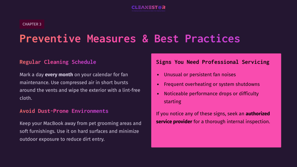 Text On A Vibrant Purple Background Outlines A Cleaning Schedule And Tips For Macbook Pro Fan Maintenance, Emphasizing Noise And Performance Issues.