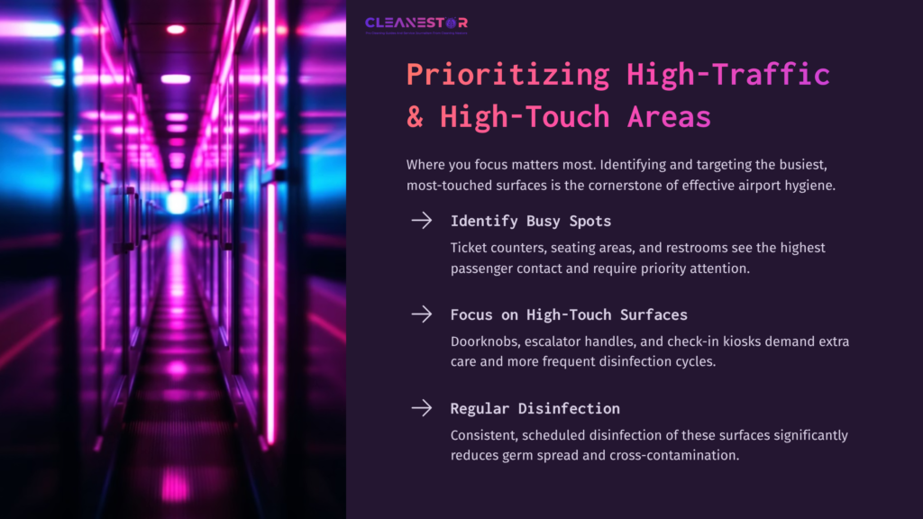 Interior View Of A Brightly Lit Airport Corridor With Vibrant Pink And Purple Lighting, Overlay Text Discussing Cleaning Priorities.