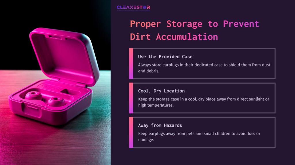 Pink Earplug Case With Earplugs Inside, Resting On A Wooden Surface, Alongside Storage Tips In Contrasting Text On A Dark Background.