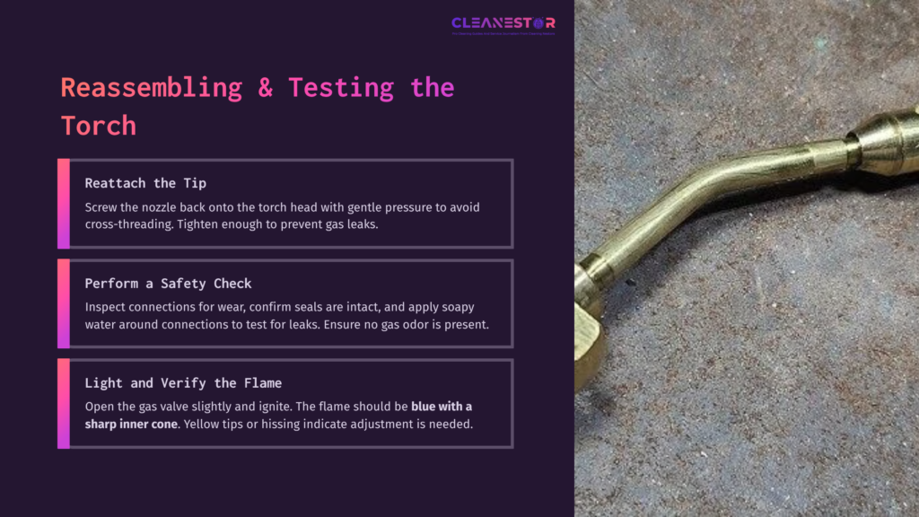 A Brass Propane Torch Tip On A Textured Surface, With Instructions For Reassembling And Testing The Torch Beside It.