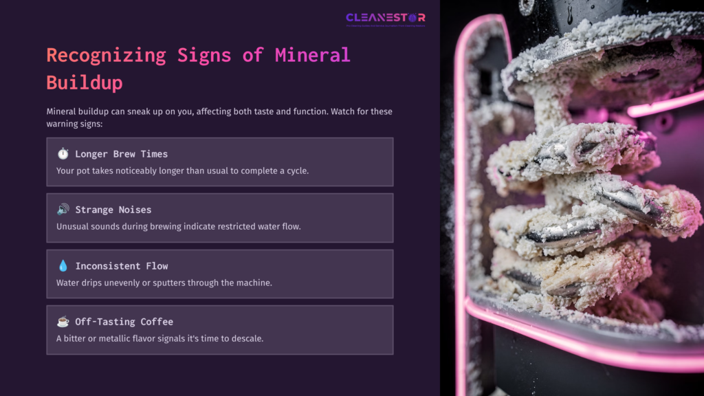 Close-Up Of A Coffee Pot Displaying Mineral Buildup, With A Dark Background And Vibrant Pink Accents, Illustrating Cleaning Tips.