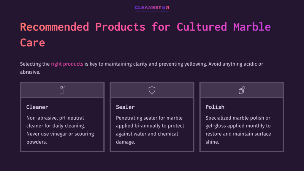 Four Product Recommendations For Cultured Marble Care: Cleaner, Sealer, And Polish, With Descriptions And A Dark Background.
