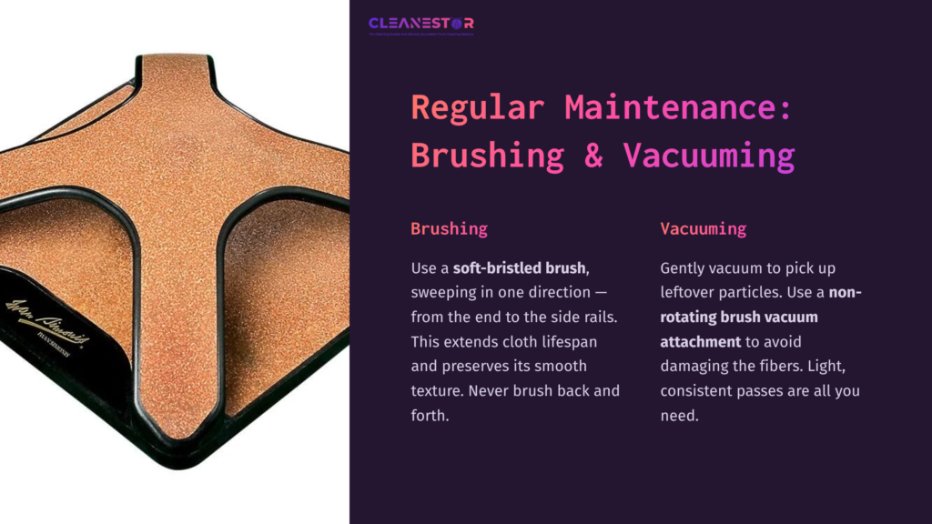 Brown Simonis Cloth Corner With A Soft-Bristled Brush Beside Text On Regular Maintenance, Outlining Brushing And Vacuuming Tips.