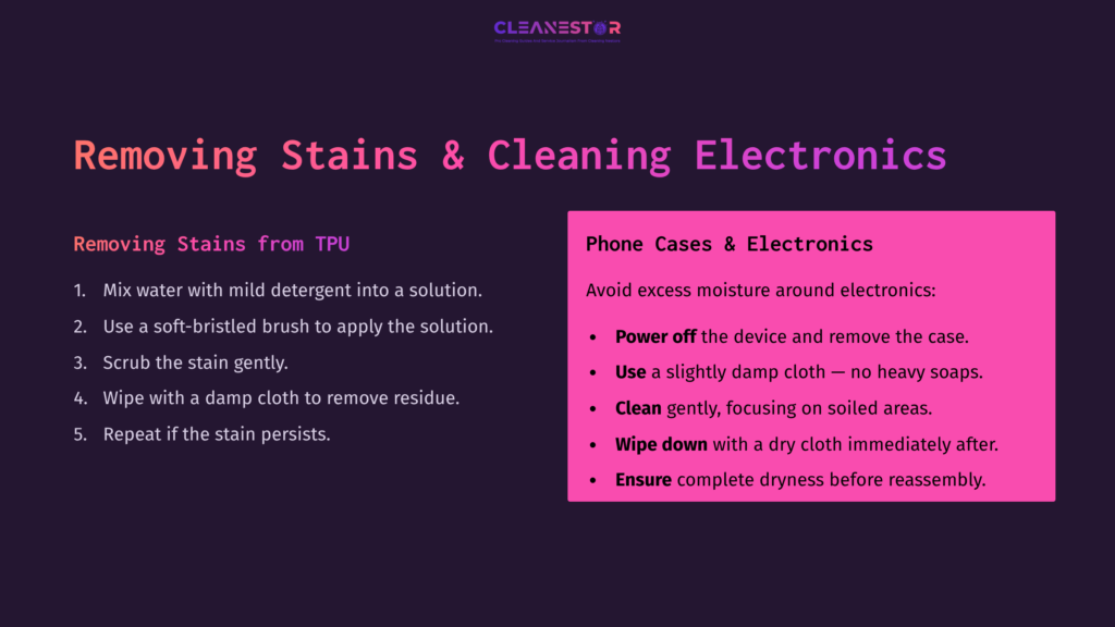 Text Instructions On Cleaning Tpu Material, With Key Steps Highlighted In Purple And White Against A Dark Background.