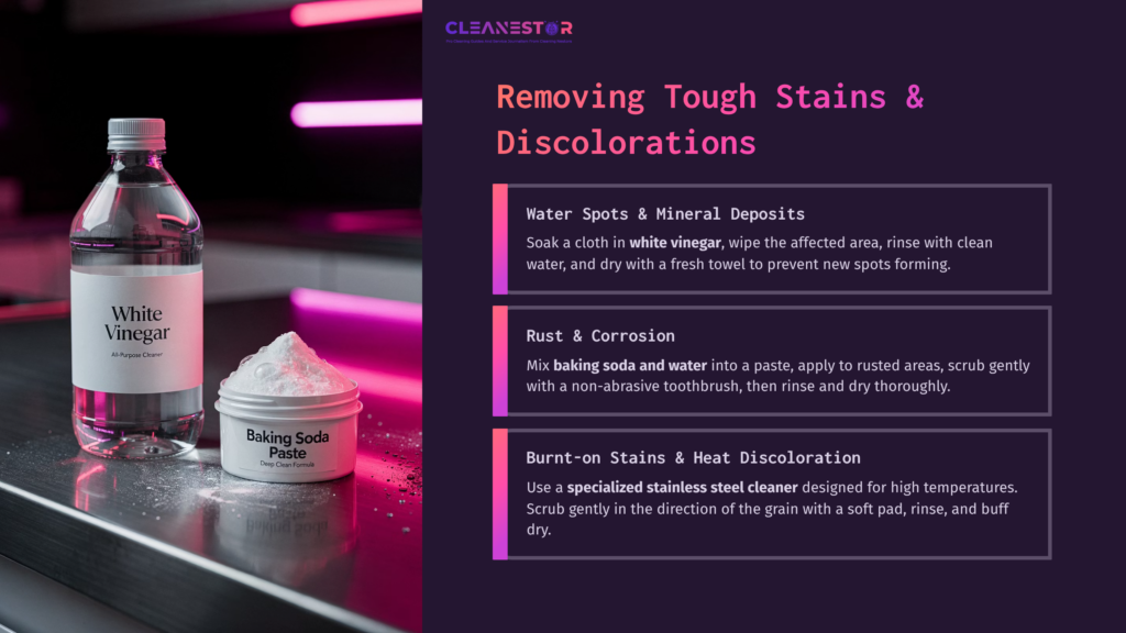 A Bottle Of White Vinegar And A Bowl Of Baking Soda Paste On A Reflective Surface, Alongside Cleaning Tips For Stainless Steel.