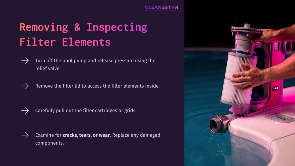 A Hand Is Removing A Filter Element From A Pink Pool Filter Beside A Shimmering Blue Pool, With Instructions In Bold Text On The Left.