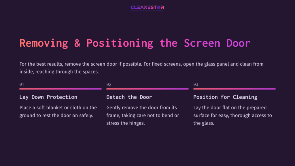 Instructions For Cleaning Glass Behind A Screen Door, Featuring Steps In Purple Text On A Dark Background With Numbered Sections.