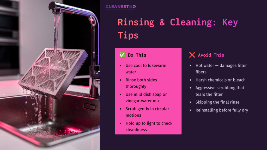 A Kitchen Sink With Running Water, Displaying A Clean Air Filter. Instructions On Rinsing And Cleaning Tips Are Highlighted Beside It.