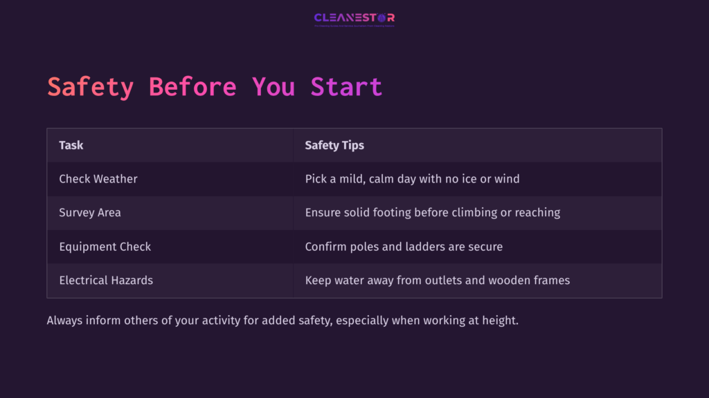 Text-Based Safety Tips Outlined In A Dark Layout, Highlighting Tasks Like Checking The Weather And Securing Equipment Before Cleaning Windows.