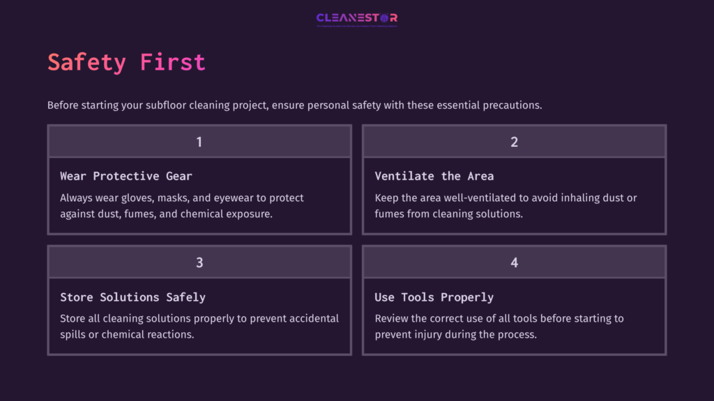 Text Box With A Dark Background Featuring Purple Accents. Contains Four Safety Guidelines Numbered 1 To 4, Emphasizing Personal Safety For Cleaning.