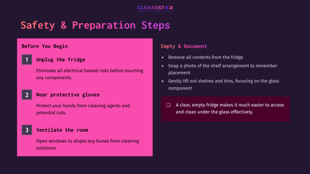 Text On A Dark Background Outlines Safety And Preparation Steps For Cleaning A Fridge, Using Pink Accents For Emphasis.