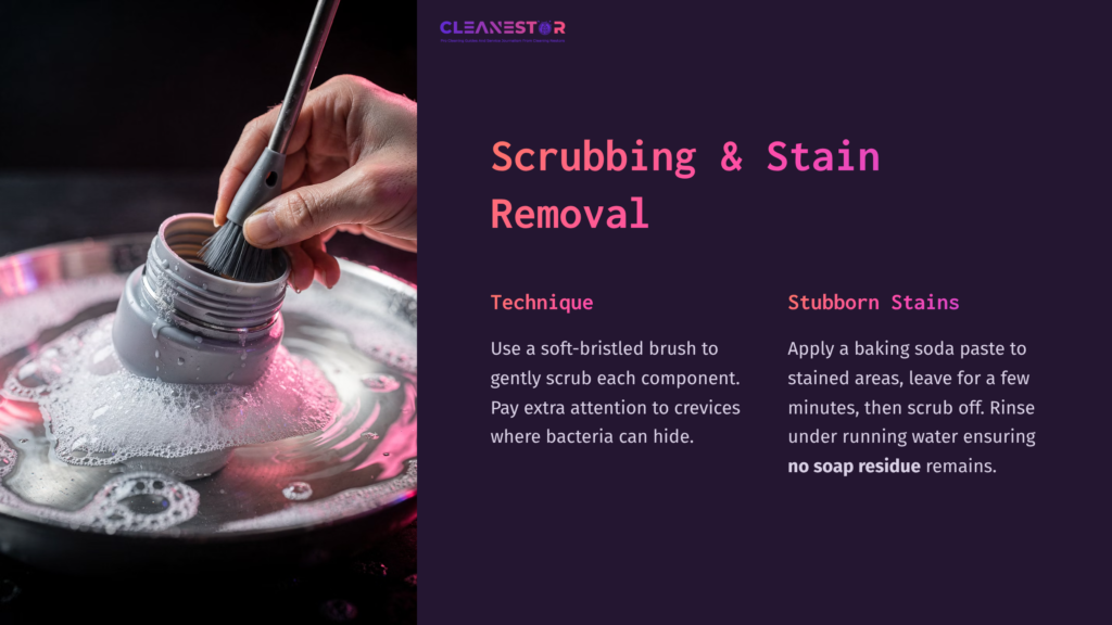 A Soft-Bristled Brush In A Bowl Of Soapy Water, With Text Detailing Scrubbing Techniques For Stubborn Stains On A Dark Background.