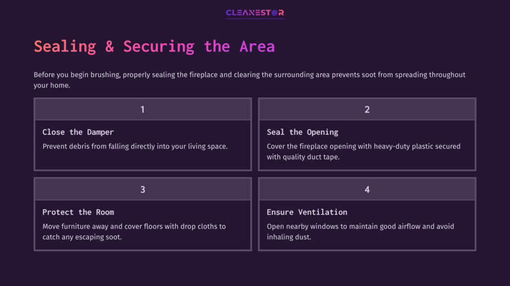 5 Sealing And Securing The Area Instructions For Cleaning A Chimney, Featuring Steps On Sealing The Area, With Purple Background, White Text, And Numbered Boxes.