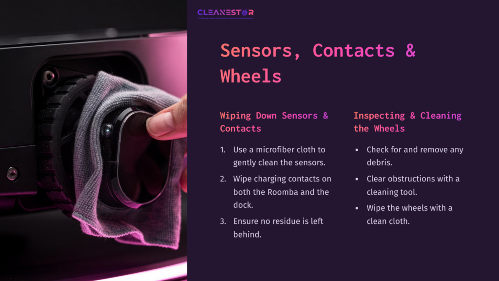 Hand Holding A Microfiber Cloth, Cleaning The Roomba'S Sensor And Wheel Area On A Dark Background With Purple Accents.