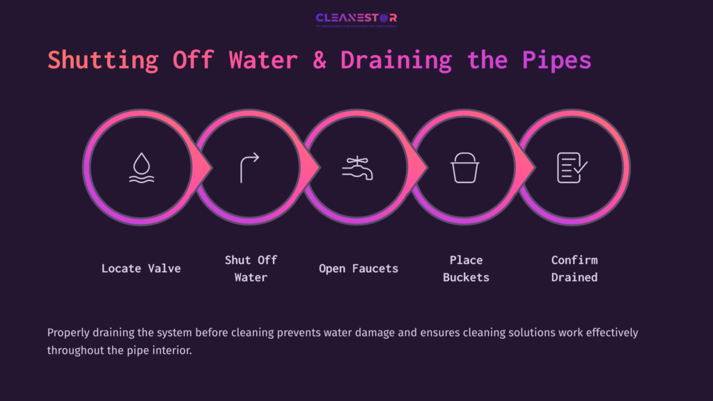 Illustration Of Steps To Shut Off Water And Drain Copper Pipes, Featuring Icons For Valve, Faucet, Bucket, And Confirming Drainage.